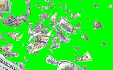 Flying dollars banknotes isolated on chromakey. Money is flying in the air. 100 US banknotes new sample. 3D illustration