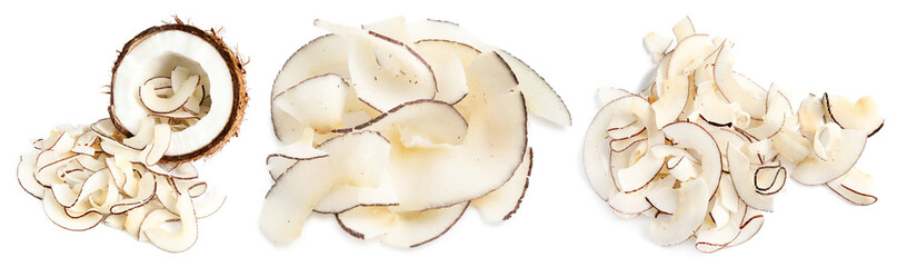 Set of tasty coconut chips isolated on white, top view. Banner design