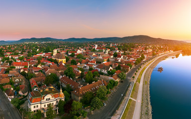 Amazing aerial cityscape about a Beautiful little city near by Budapest. Szentendre city Hungary.  The city of arts. Amazing Danube side promenade is there. it has many orthodox church