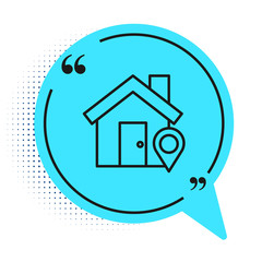 Black line Map pointer with house icon isolated on white background. Home location marker symbol. Blue speech bubble symbol. Vector Illustration