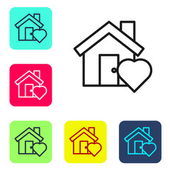 Black line House with heart shape icon isolated on white background. Love home symbol. Family, real estate and realty. Set icons in color square buttons. Vector Illustration