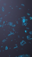 Digital currency symbol Bitcoin on a dark background. Fall of bitcoin. crypto currency graph on virtual screen. Business, Finance and technology concept. 3D illustration