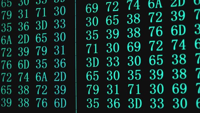 Program HEX code on scientific device screen, green text ASCI information, 4K UHD video