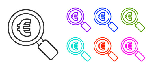 Black line Magnifying glass and euro symbol icon isolated on white background. Find money. Looking for money. Set icons colorful. Vector Illustration