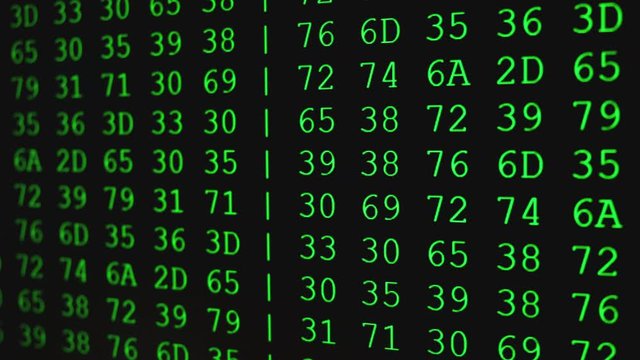 Program HEX code on scientific device screen, green text ASCI information, 4K UHD video