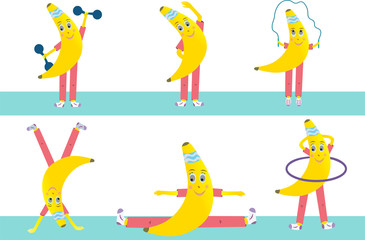 Vector banana is engaged in different sports. Juicy yellow banana fruit character isolated on white background.
