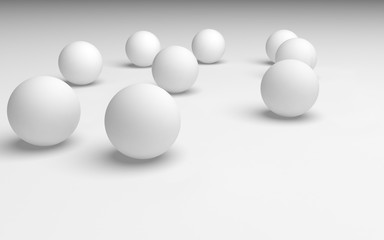 White abstract background. Set of white balls isolated on white backdrop. 3D illustration