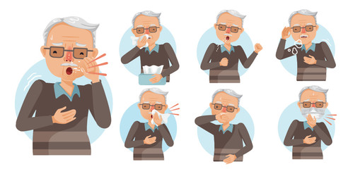Fototapeta premium Elderly man sneezing and coughing set. Old Man influenza patients. The elderly are at risk of being infected with Covid 19. Concepts of patients with respiratory symptoms. Vector, illustration.