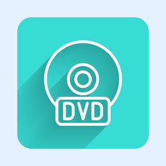 White line CD or DVD disk icon isolated with long shadow. Compact disc sign. Green square button. Vector Illustration