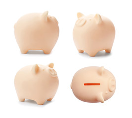 Set with ceramic piggy bank on white background