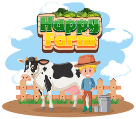 Font design for word happy farm with farmer and cow