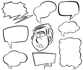 Doodle drawing of man and speech bubbles on white background