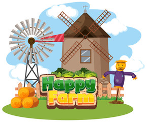 Naklejka premium Font design for happy farm with windmill and scarecrow