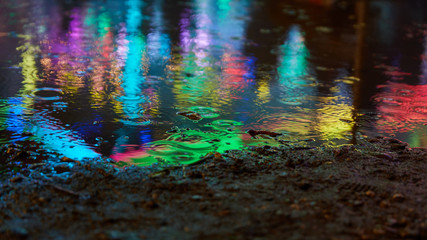 Background header with colored lights in puddle