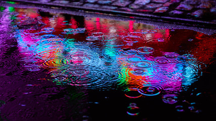 Raindrops and puddle with reflecting lights