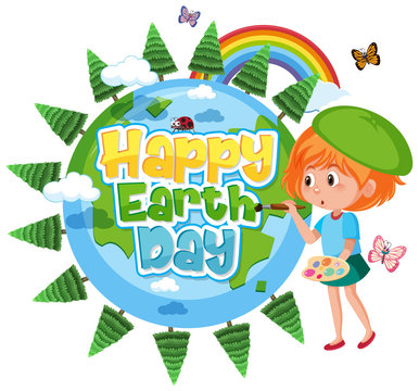 Poster design for happy earth day with happy girl painting