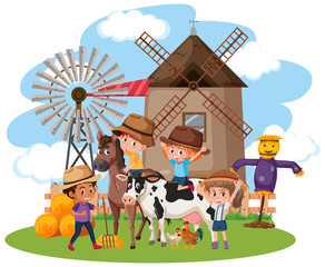 Scene with many children and animals on the farm