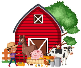 Obraz na płótnie Canvas Scene with boy and many farm animals on the farm
