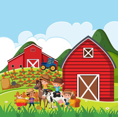 Obraz na płótnie Canvas Farm scene with many children and animals on the farm