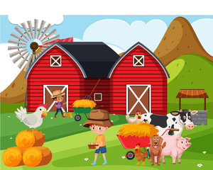 Obraz na płótnie Canvas Farm scene with happy children and animals on the farm
