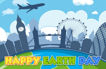 Fototapeta na wymiar Happy earth day poster design with airplane flying over the city