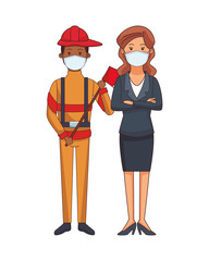 firefighter and businesswoman using face masks