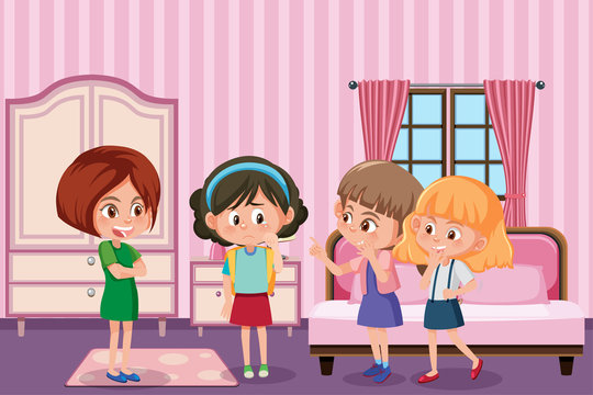 Scene with girl gossiping freinds in the room