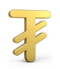 Obraz premium Golden Tugrik Mongolia Currency Icon Isolated, 3D gold Tugrik Mongolia symbol with white background, 3D rendering, 3D illustration