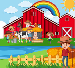 Farm scene with farmers and children on the farm