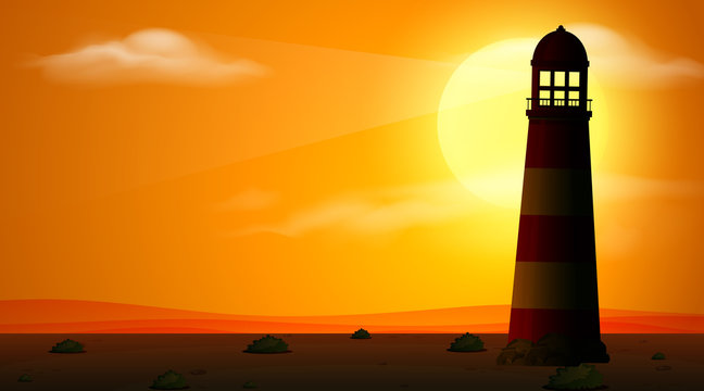 Silhouette scene with lighthouse at sunset