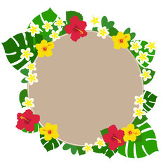 赤と黄色のハイビスカスとモンステラとプルメリアの円形の茶色背景フレーム
