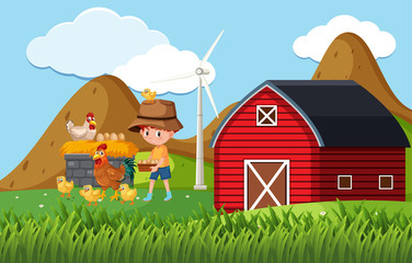 Farm scene with boy and chickens on the farm