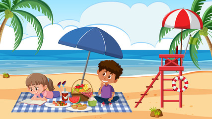 Obraz na płótnie Canvas Scene with kids having picnic on the beach