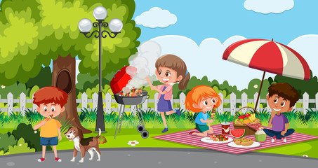 Scene with happy kids eating in the park