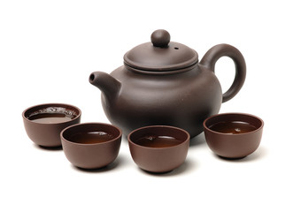 Closeup of tea set on white background