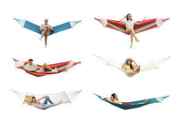 Collage with people resting in different hammocks on white background