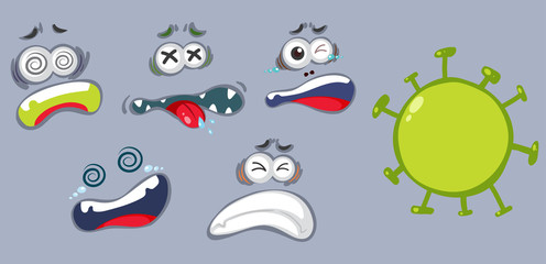 Set of virus cell and different facial expressions