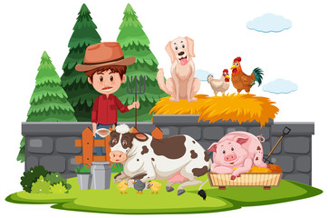 Farm scene with farmer and many animals on the farm
