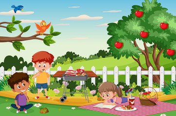 Background scene with kids eating in the park