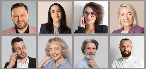 Collage with portraits of different business people. Banner design