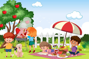 Obraz na płótnie Canvas Scene with happy children eating in the park