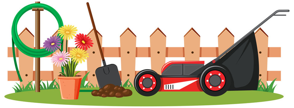 garden scene with lawnmower, flowers, shovel clip art preview