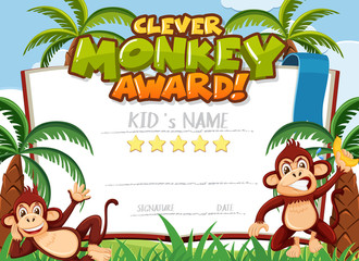 Naklejka premium Certificate template design for clever monkey award with monkeys in background