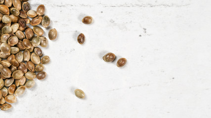 Unpeeled cannabis seeds on white stone like board, view from above - space for text right side