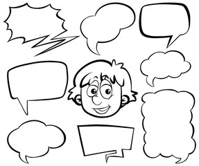 Doodle drawing of boy and speech bubbles on white background