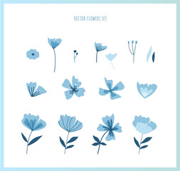 Vector set of different blue flowers and leaves in modern flat style. All elements are isolated.