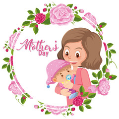 Template design for happy mother's day with mom and baby