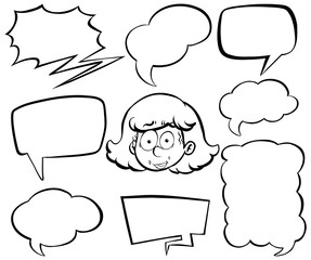 Doodle drawing of girl and speech bubbles on white background
