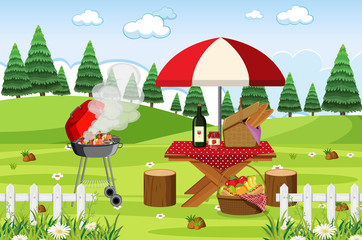 Scene with BBQ grill and food on the picnic table in the park