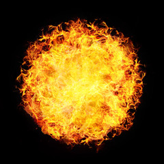 Fire Ball Sphere Circle Flame Burn Explosion Hell Heat Isolated On Black. Overlay Screen Effect. 
